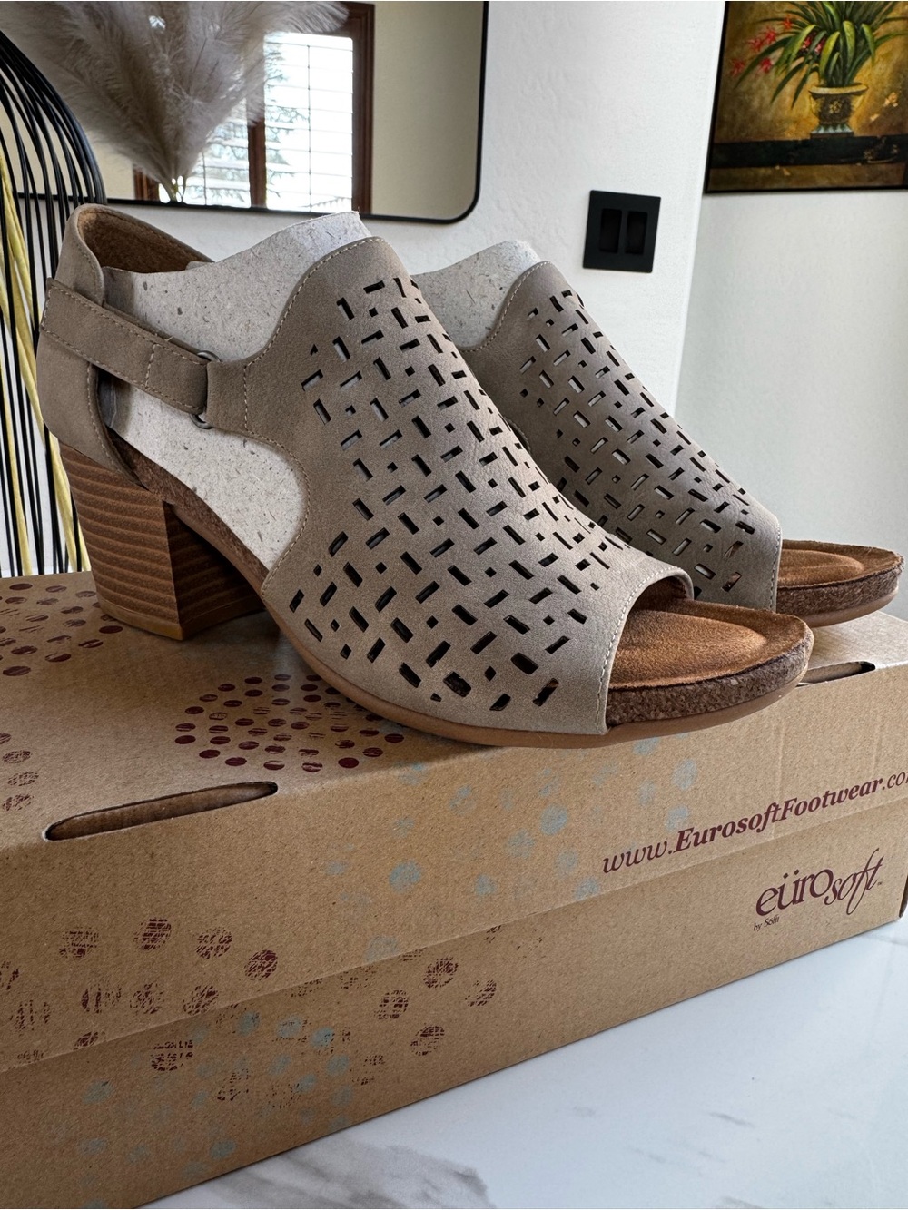 EuroSoft Taupe Perforated Suede Peep-Toe Block Heel Sandal